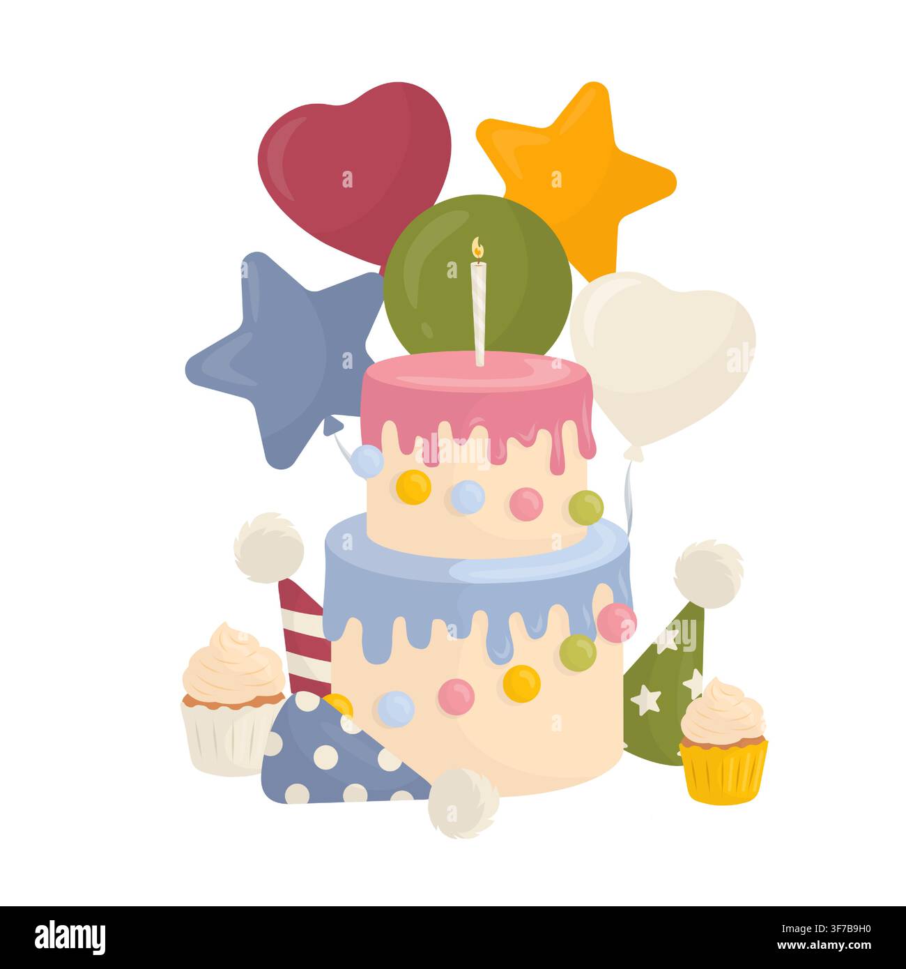 Gâteau d'anniversaire avec ballons, chapeaux et cupcakes. Illustration vectorielle en style plat pastel doux. Composition festive pour cartes de vœux Illustration de Vecteur