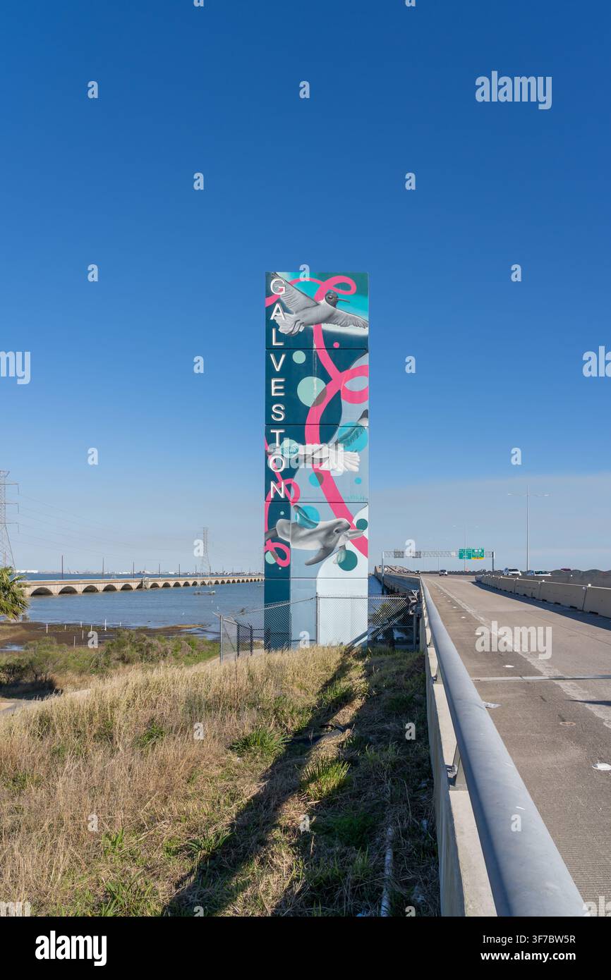 Un panneau de bienvenue de Galveston situé le long de la Gulf Freeway à Galveston, Texas, États-Unis. Banque D'Images