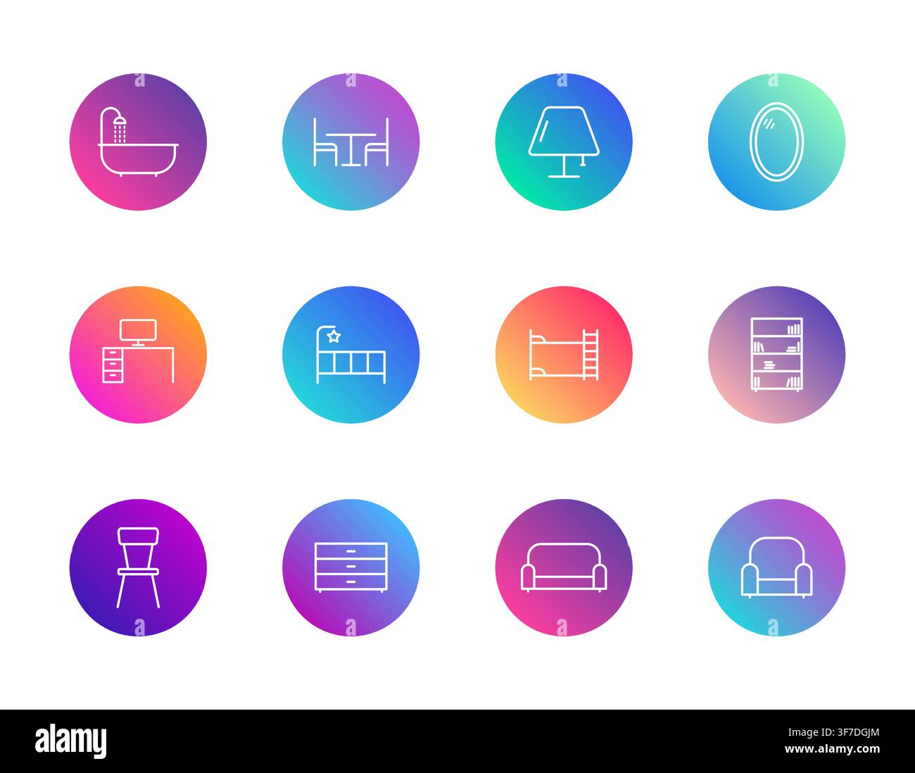 Un ensemble de douze icônes de meubles d'intérieur minimalistes affichées dans des cercles dégradés vibrants mettant en valeur divers articles ménagers sur un fond blanc épuré Illustration de Vecteur