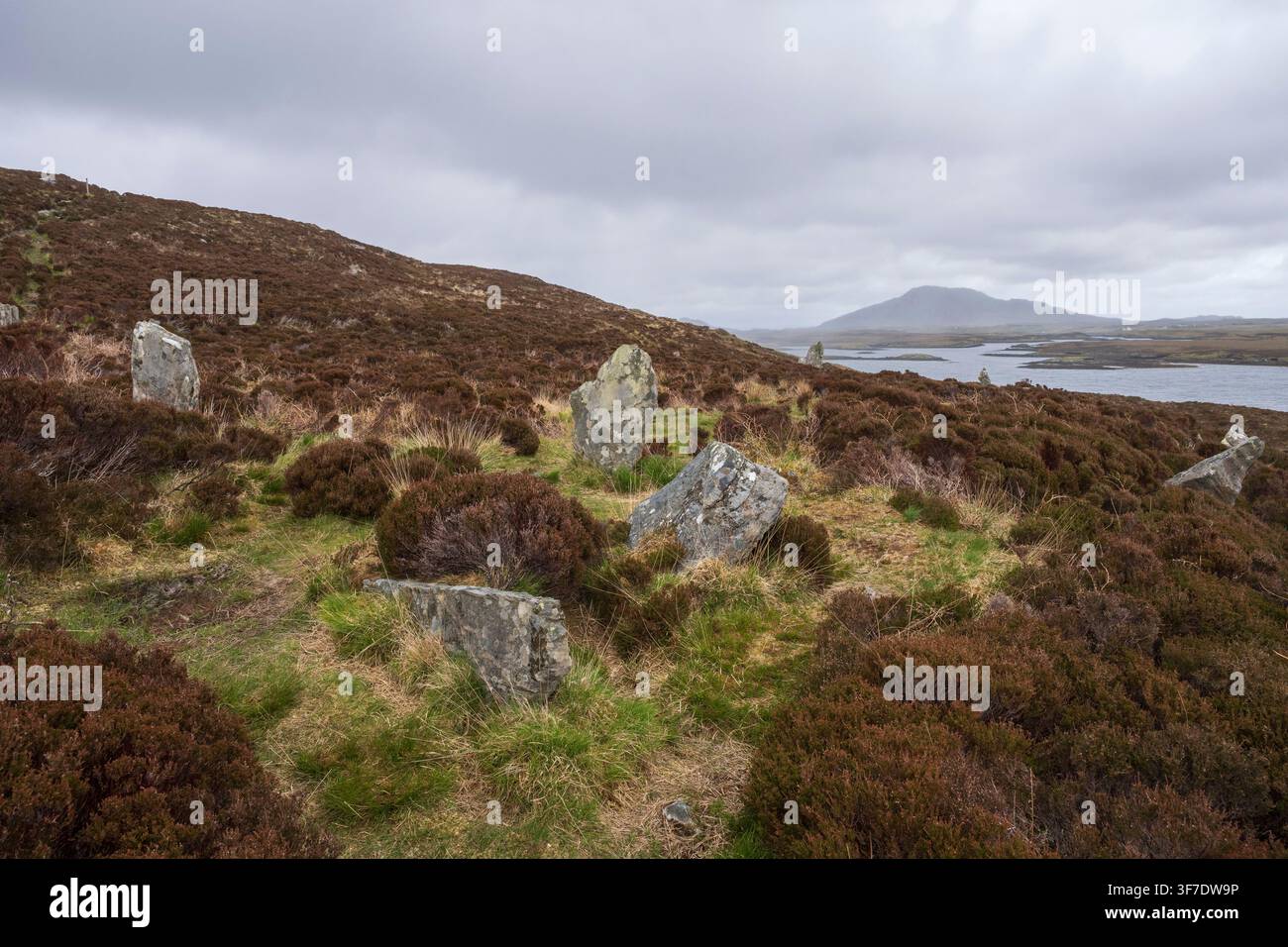 Cercle de pierres néolithique de Sornach Coir Fhinn, North Uist, Hébrides extérieures, Écosse Banque D'Images