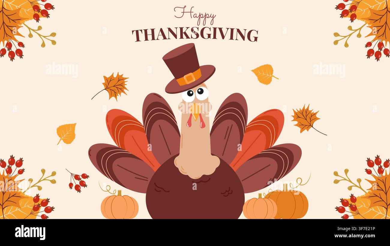 Modèle d'invitation pour Thanksgiving avec des feuilles d'automne et une couronne de dinde mignonne. Pour carte de vœux, invitation de fête, impression et conception web, illustration vectorielle. Illustration de Vecteur
