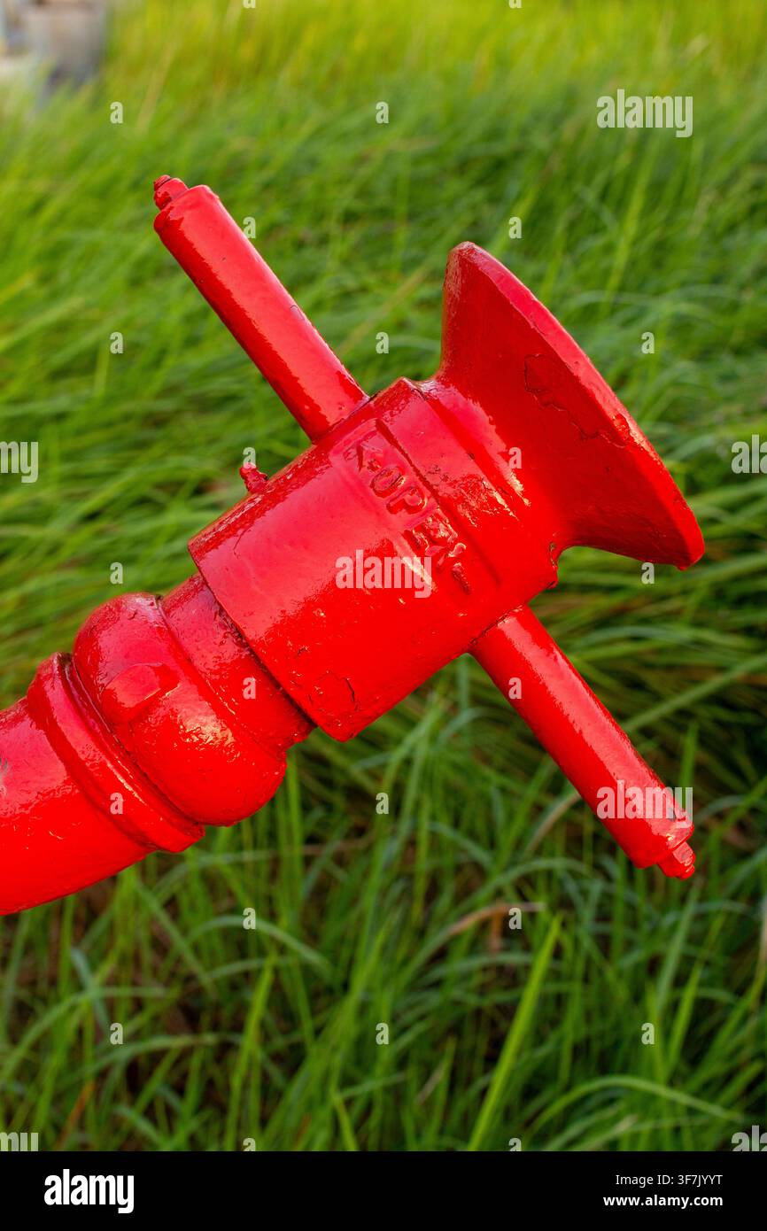 Moniteur anti-incendie industriel rouge installé à l'extérieur sur de l'herbe verte, mettant en évidence l'équipement mécanique et les infrastructures dans un environnement naturel. Banque D'Images
