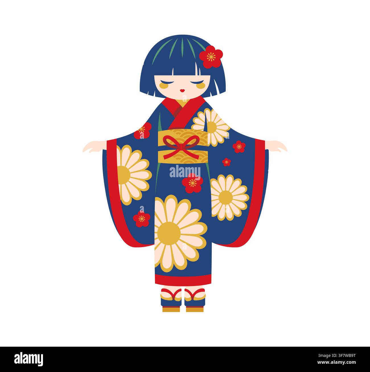 Poupée Kokeshi japonaise traditionnelle aux yeux fermés, portant un kimono bleu orné de grandes fleurs de chrysanthème blanches et de fleurs de sakura rouges, une ceinture obi dorée avec nœud, un accessoire de cheveux en forme de fleur rouge et des sandales geta en bois Illustration de Vecteur