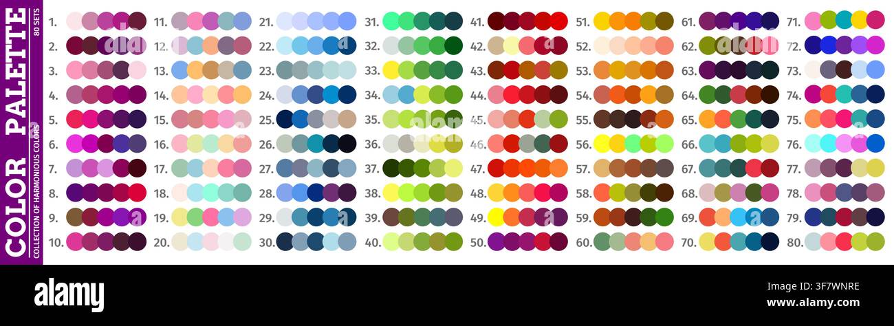 Palette de couleurs RGB de pastel et néon, équilibrée et chaude, nuances neutres et harmonie vibrante. Guide de chartes de palette de couleurs avec mélange de couleurs maîtres et combinaison de dégradés de correspondance spectrale Illustration de Vecteur