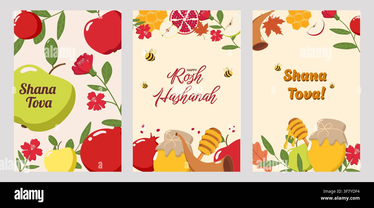 Trois cartes de vœux Rosh Hashanah avec des pommes, du miel, des grenades, des abeilles, des fleurs et des shofars sur des fonds beiges, arborant Shana Tova Illustration de Vecteur