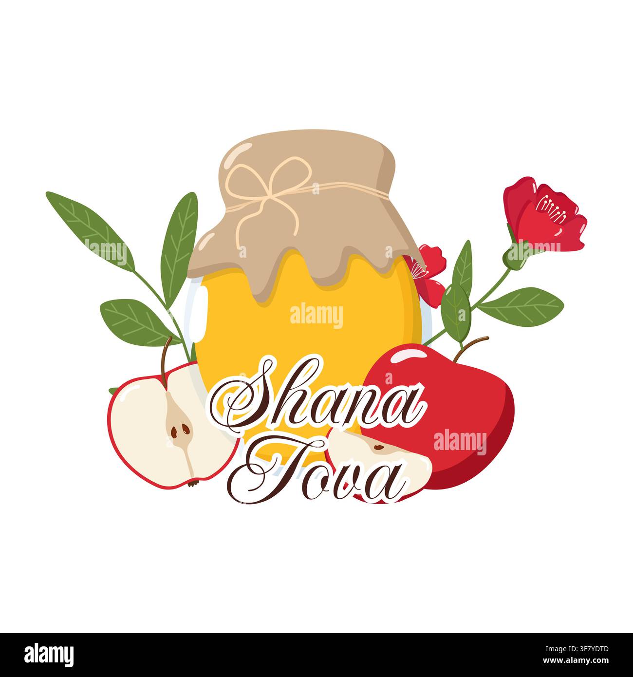 Design festif de Rosh Hashanah avec pot de miel, pommes rouges, feuilles vertes et fleurs rouges Illustration de Vecteur