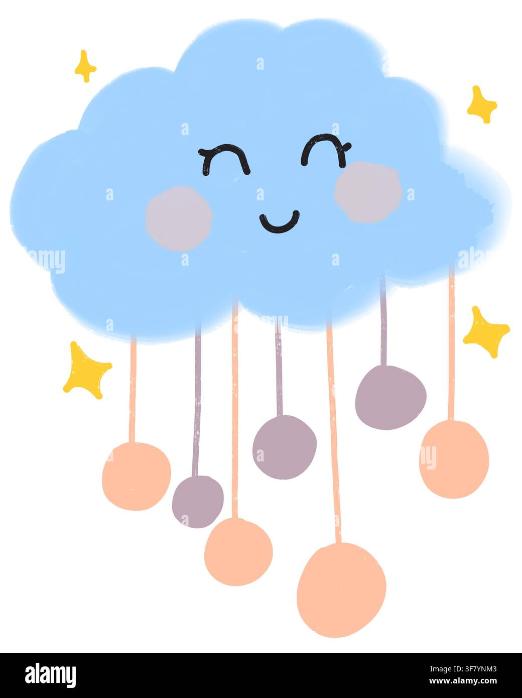 Nuage bleu adorables dessiné à la main avec un visage souriant, des joues roses, des ornements de pluie pastel ou des pompons suspendus et des étoiles jaunes étincelantes. Banque D'Images