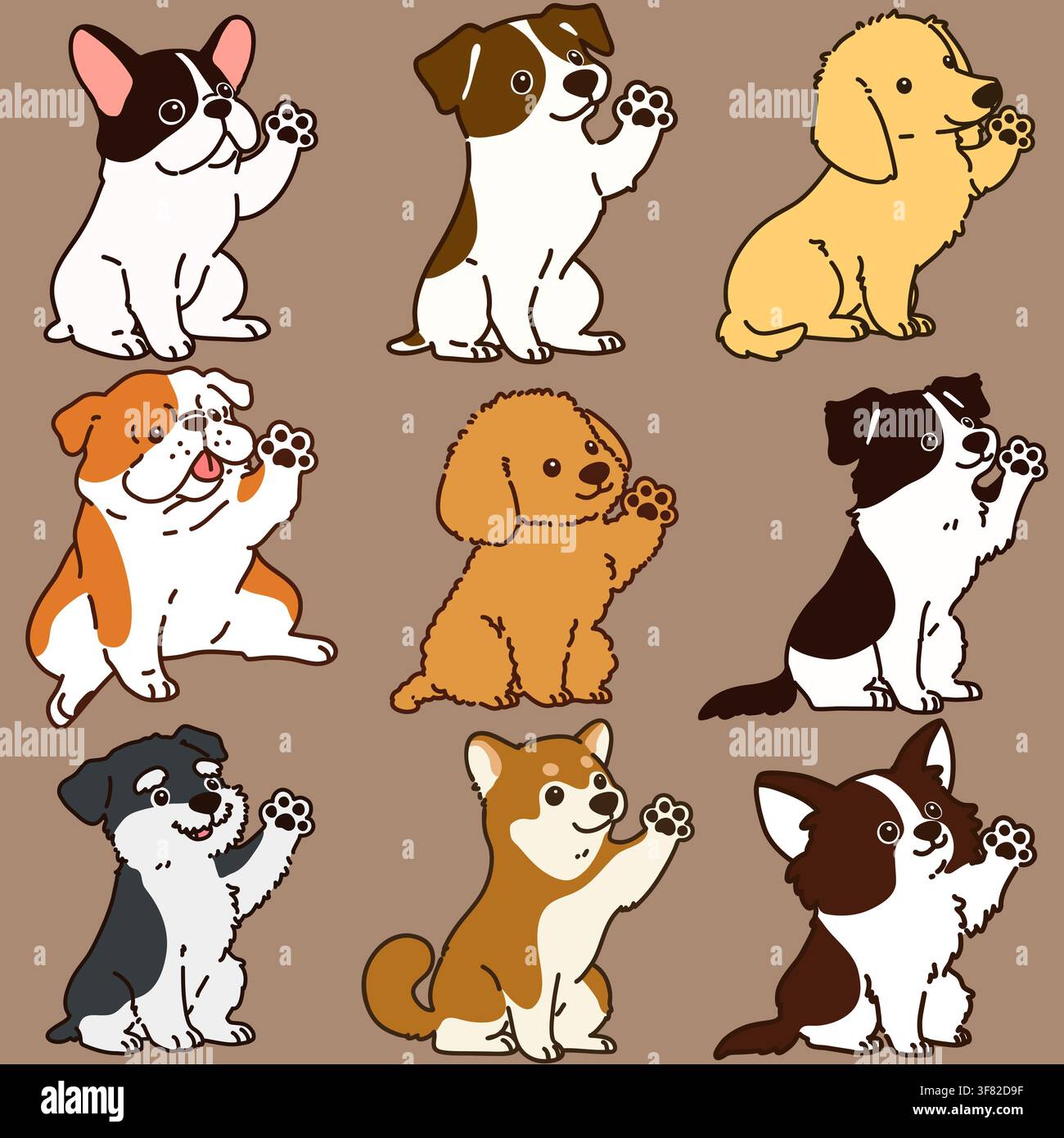 Ensemble de chiens stylisés assis et se serrant la main, illustrations Illustration de Vecteur