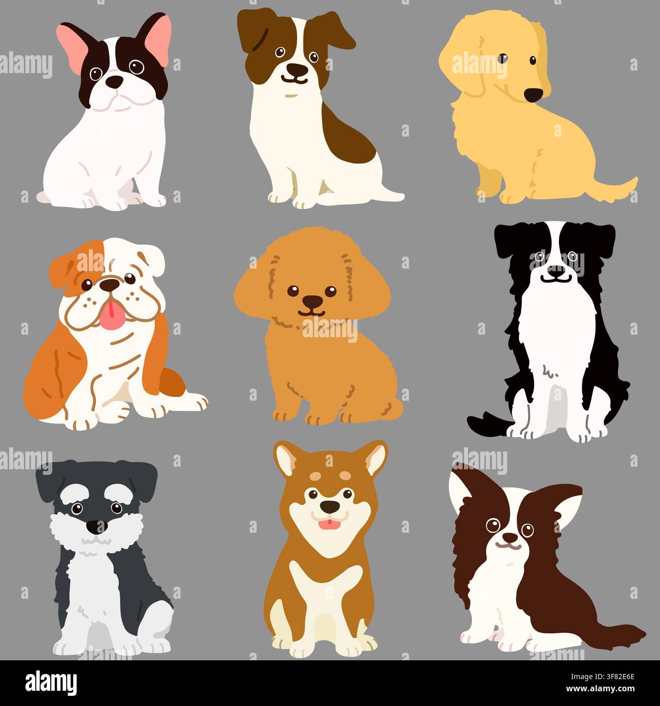 Ensemble de chiens mignons assis dans des illustrations en vue avant Illustration de Vecteur