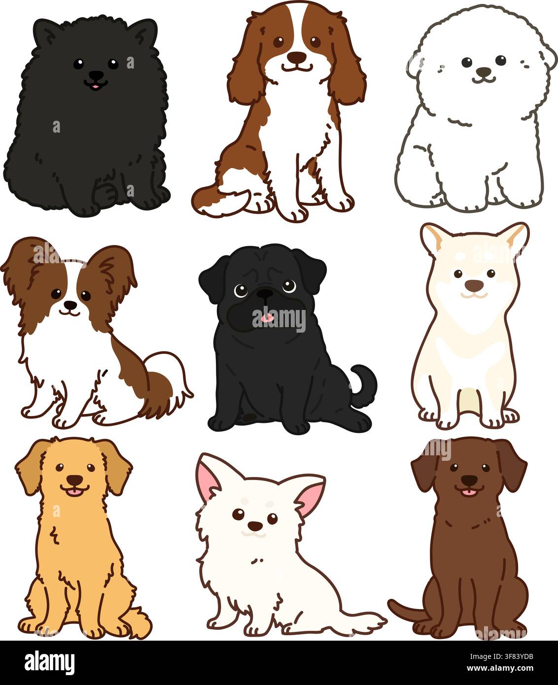 Ensemble de chiens adorables dessinés en vue avant Illustration de Vecteur