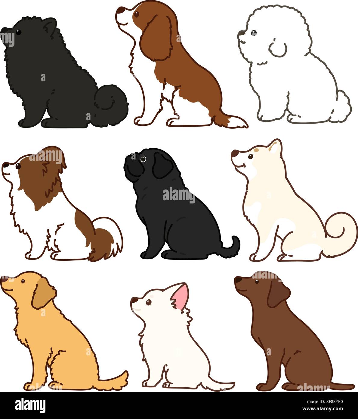 Ensemble de chiens adorables dessinés en vue de profil Illustration de Vecteur