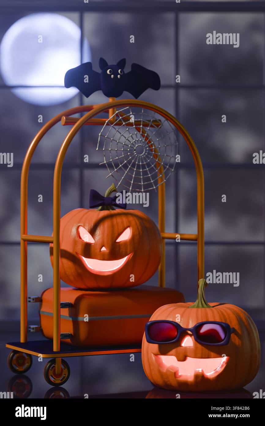 Concept de voyage d'Halloween en 3D, joli chariot à bagages brillant avec lanterne citrouille et chauve-souris, illustration 3D de vacances effrayantes Banque D'Images
