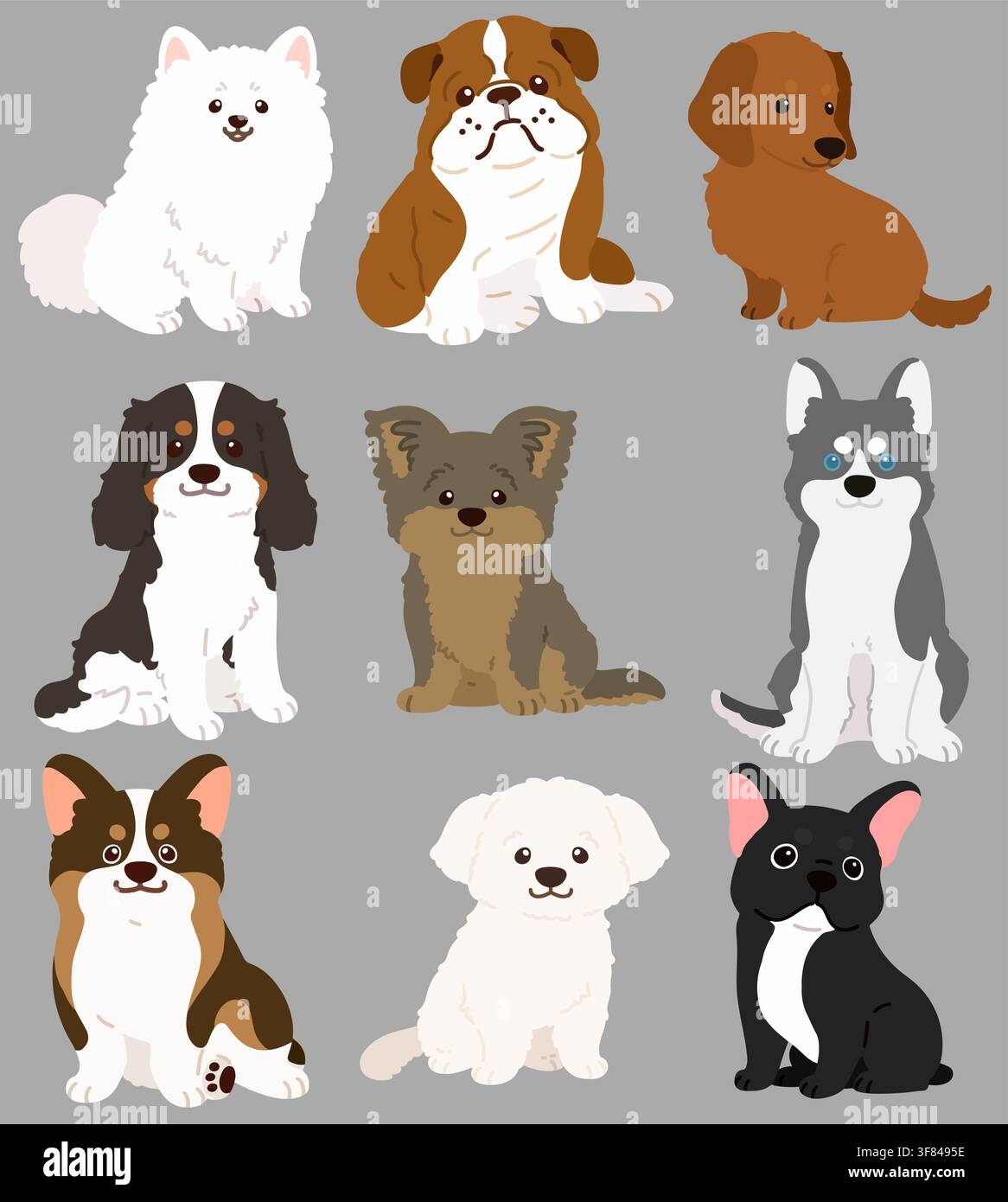 Ensemble de chiens plats colorés mignons et simples assis de face Illustration de Vecteur
