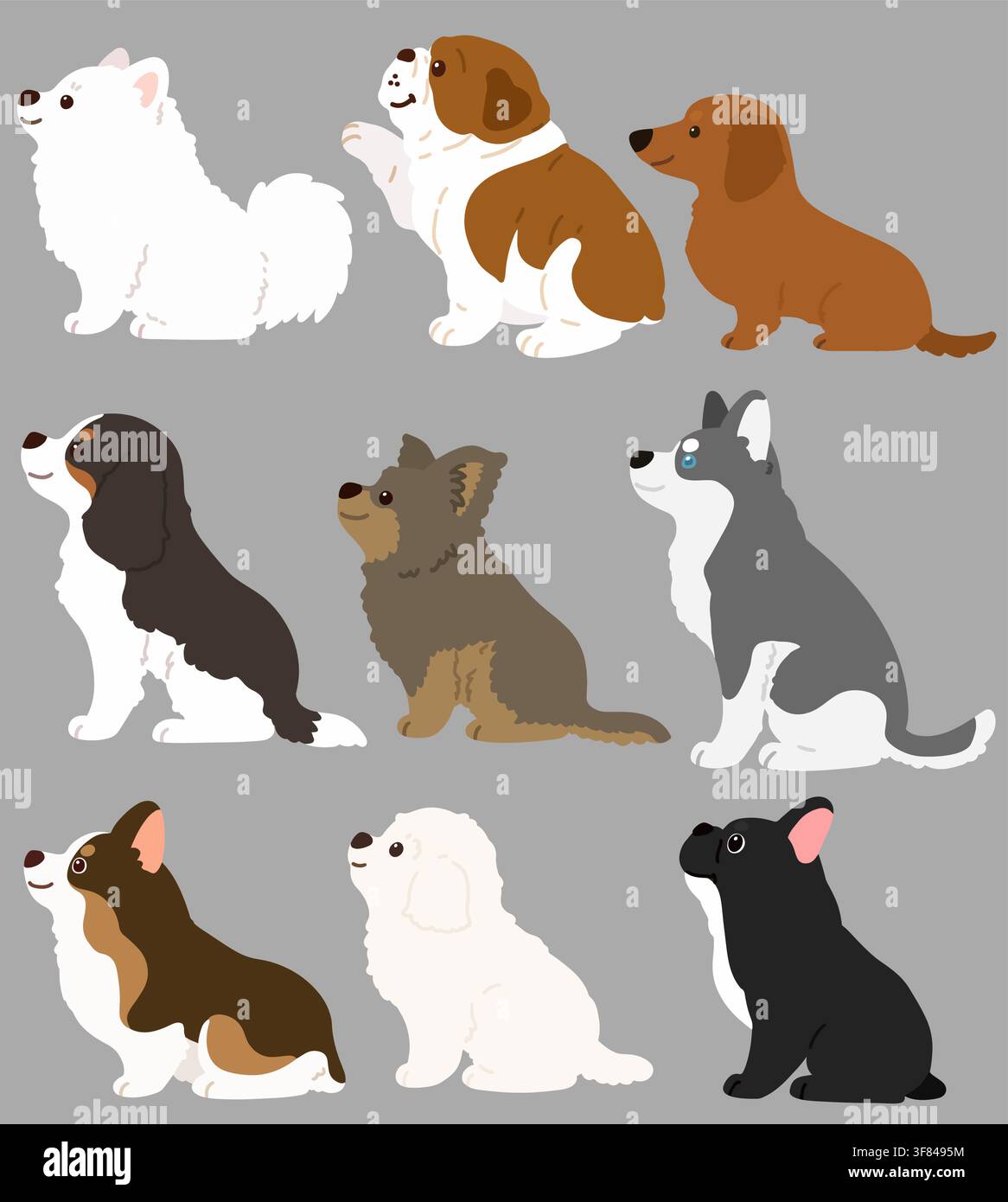 Ensemble de chiens plats colorés mignons et simples assis de face Illustration de Vecteur