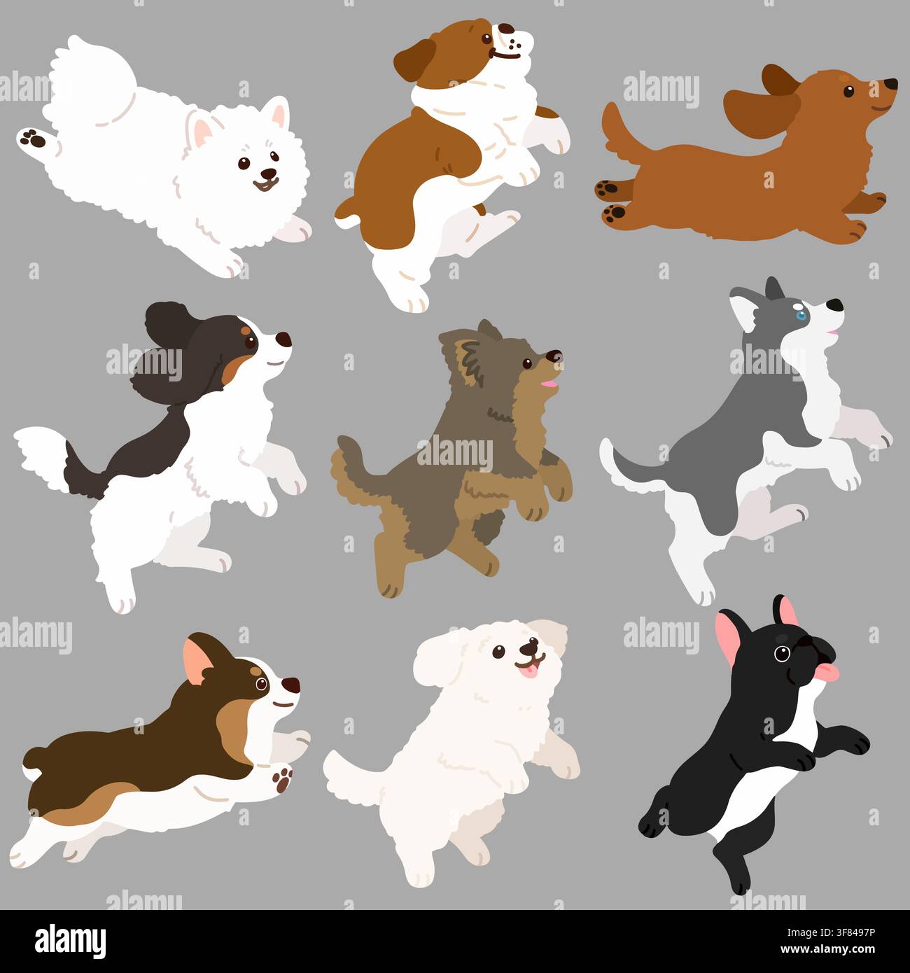 Ensemble de chiens plats colorés mignons et simples sautant et jouant Illustration de Vecteur