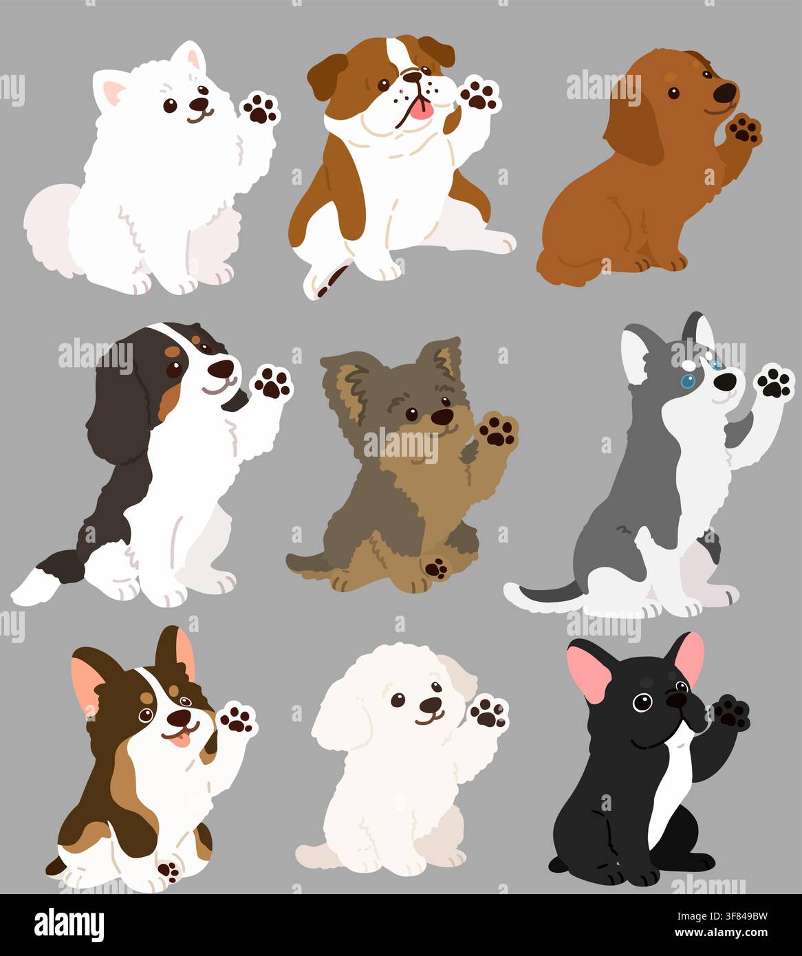 Ensemble de chiens plats, colorés, mignons et simples assis et agitant la main Illustration de Vecteur