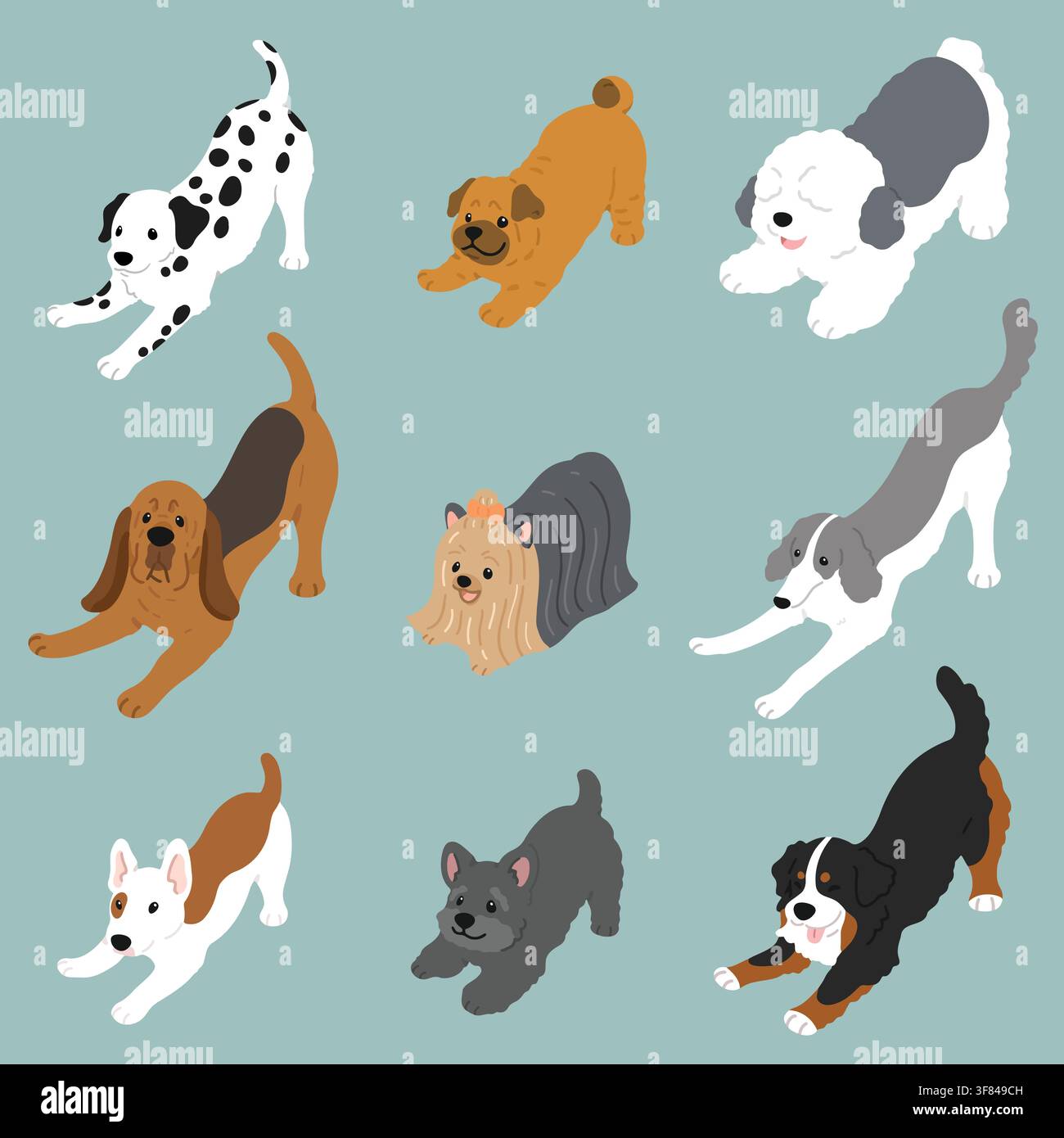 Ensemble d'illustrations de chiens simples et mignons, jouant avec des couleurs plates Illustration de Vecteur