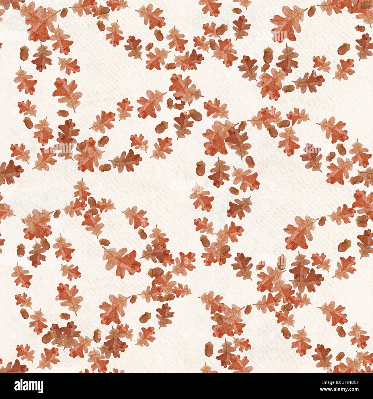Motif sans couture en aquarelle avec des feuilles de chêne d'automne et des glands sur un fond de papier texturé. Design automnal peint à la main dans des couleurs terreuses chaudes pour tissu Banque D'Images