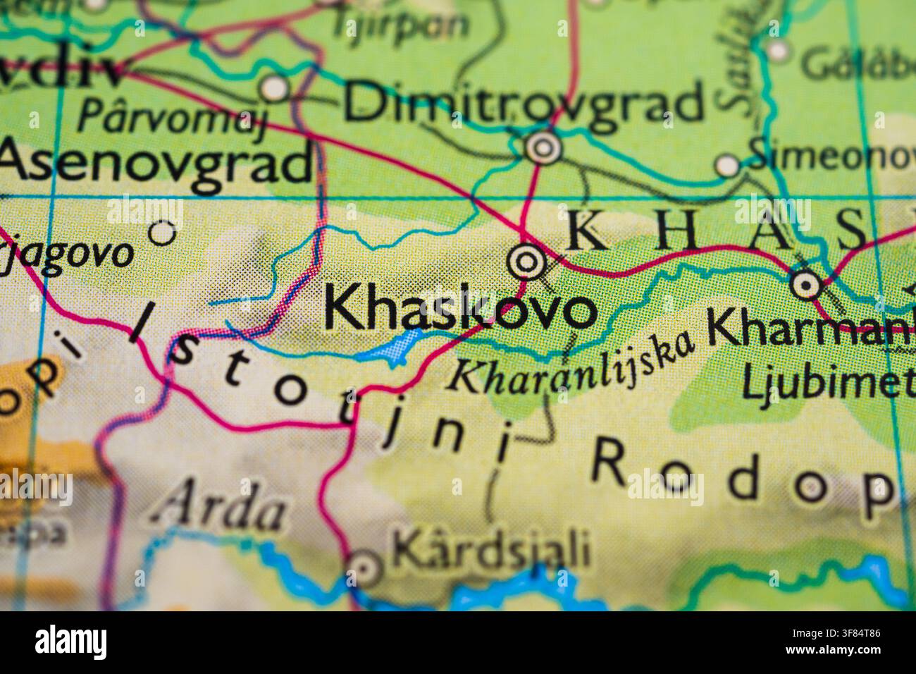 Vue macro de Khaskovo Bulgarie sur la carte Banque D'Images