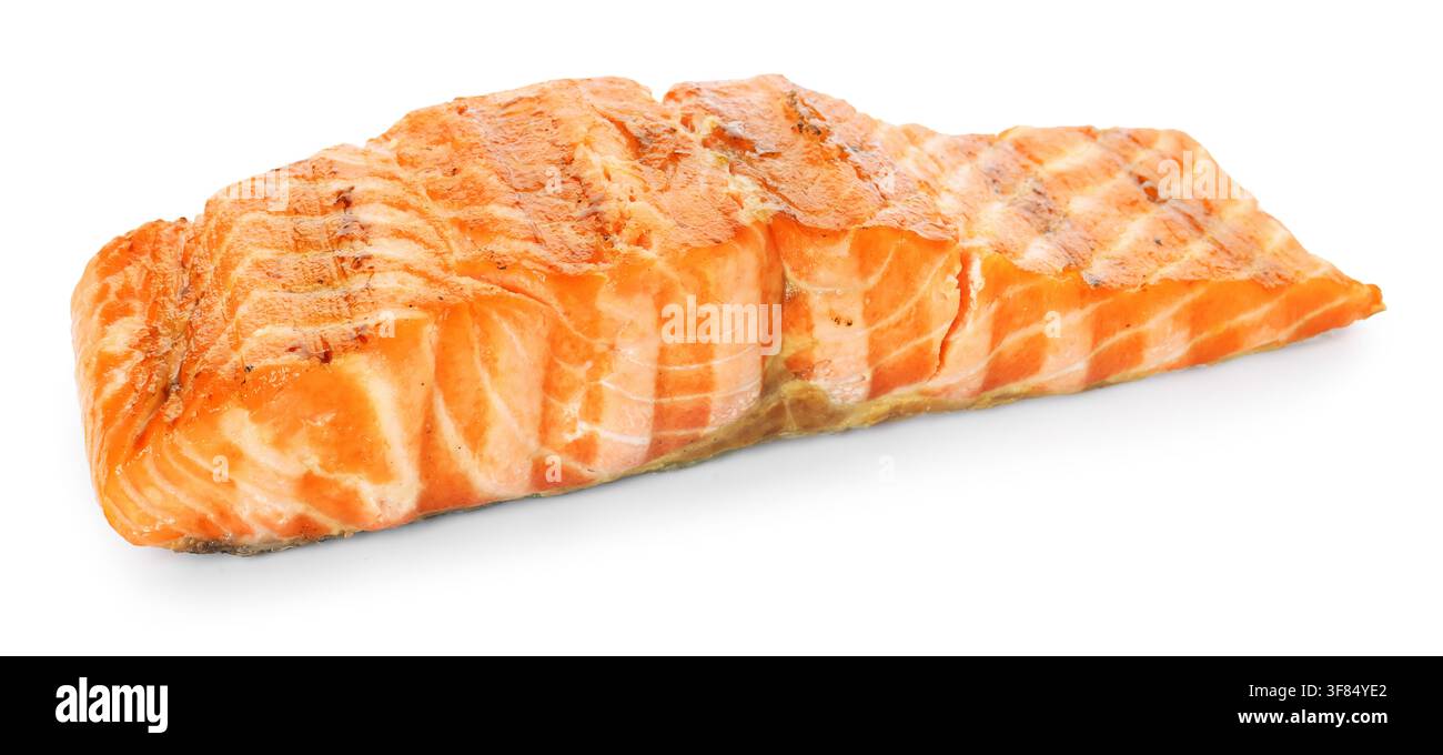 Morceau de saumon grillé isolé sur blanc Banque D'Images
