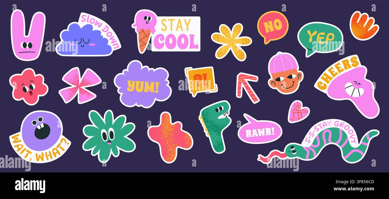Jeu d'autocollants funky. Doodle naïve dans Vector. Illustration de Vecteur