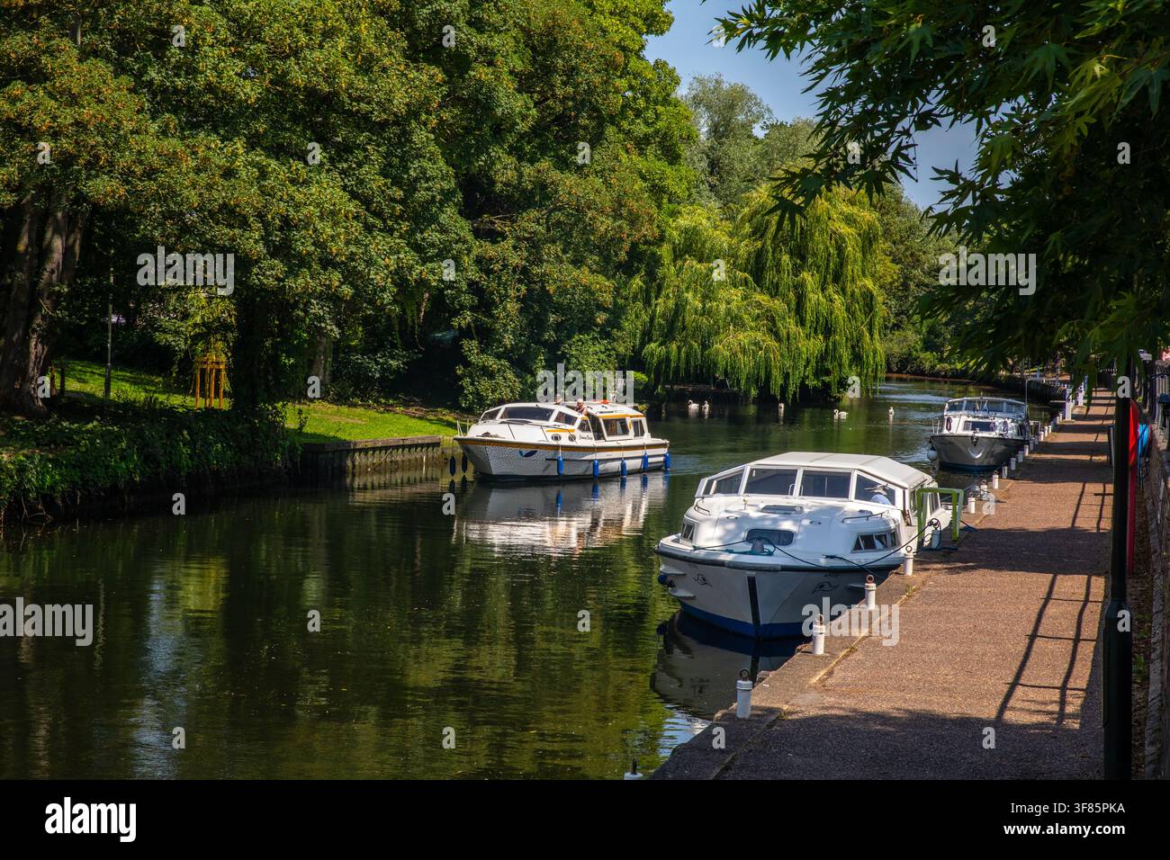Norwich, Norfolk, Royaume-Uni - 23 juin 2026 : des bateaux sur la rivière Wensum, dans la belle ville de Norwich dans le Norfolk, Royaume-Uni. Banque D'Images