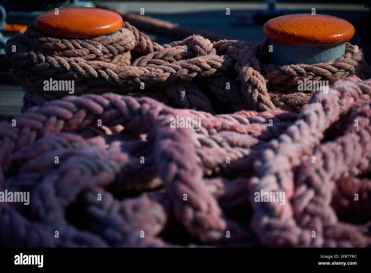Deux taquets d'amarrage orange fixés avec des cordes épaisses sur le pont du navire, Gdynia, Poméranie, Pologne, mer Baltique, Europe Banque D'Images