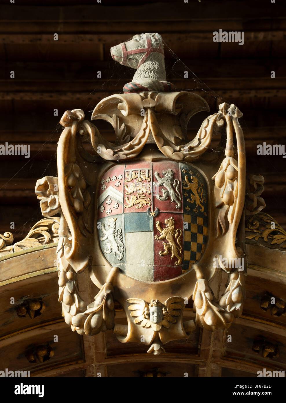 Détail du monument de Sir Rowland Berkeley, église d'All Saints, Spetchley, Worcestershire, Angleterre, Royaume-Uni Banque D'Images