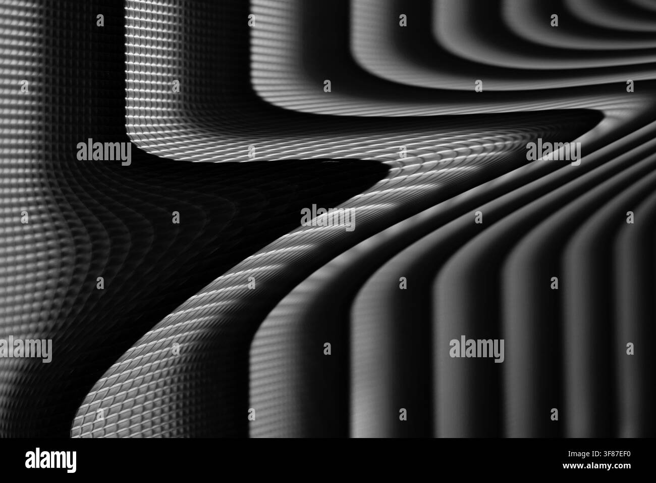Abstrait monochrome avec des lignes courbes et un maillage déformé. Un design à contraste élevé crée un mouvement fluide et une profondeur pour des arrière-plans techniques ou artistiques. Banque D'Images