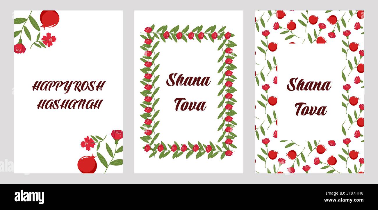 Trois cartes de vœux Rosh Hashanah décorées de grenades, de fleurs rouges et de feuilles vertes, arborant l'inscription Happy Rosh Hashanah Illustration de Vecteur