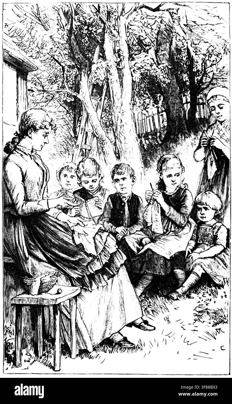Gravure en bois antique, vers 1890, représentant une femme assise en plein air enseignant à un groupe d'enfants rassemblés autour d'elle sous de grands arbres. Plusieurs Banque D'Images