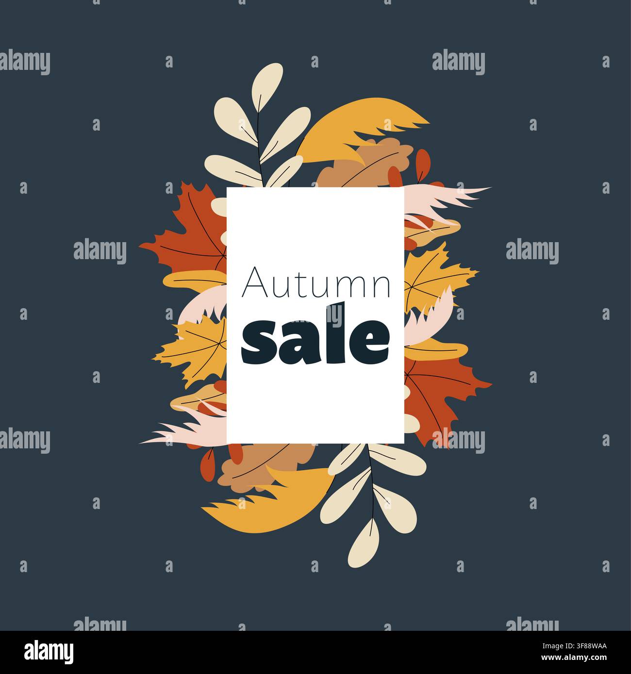 Modèle ou bannière pour les réseaux sociaux pour une vente d'automne avec cadre blanc et bouquet de feuillage d'automne sur fond d'ardoise sombre. Vecteur promotionnel saisonnier moderne Illustration de Vecteur