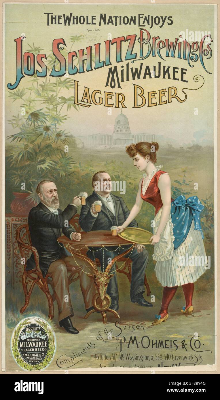 Affiche publicitaire, publicité pour des boissons, impression publicitaire de la Joseph Schlitz Brewing Company datant de 1888. Elle porte le titre The Whole Nation Enjoys Jos. Schlitz Banque D'Images