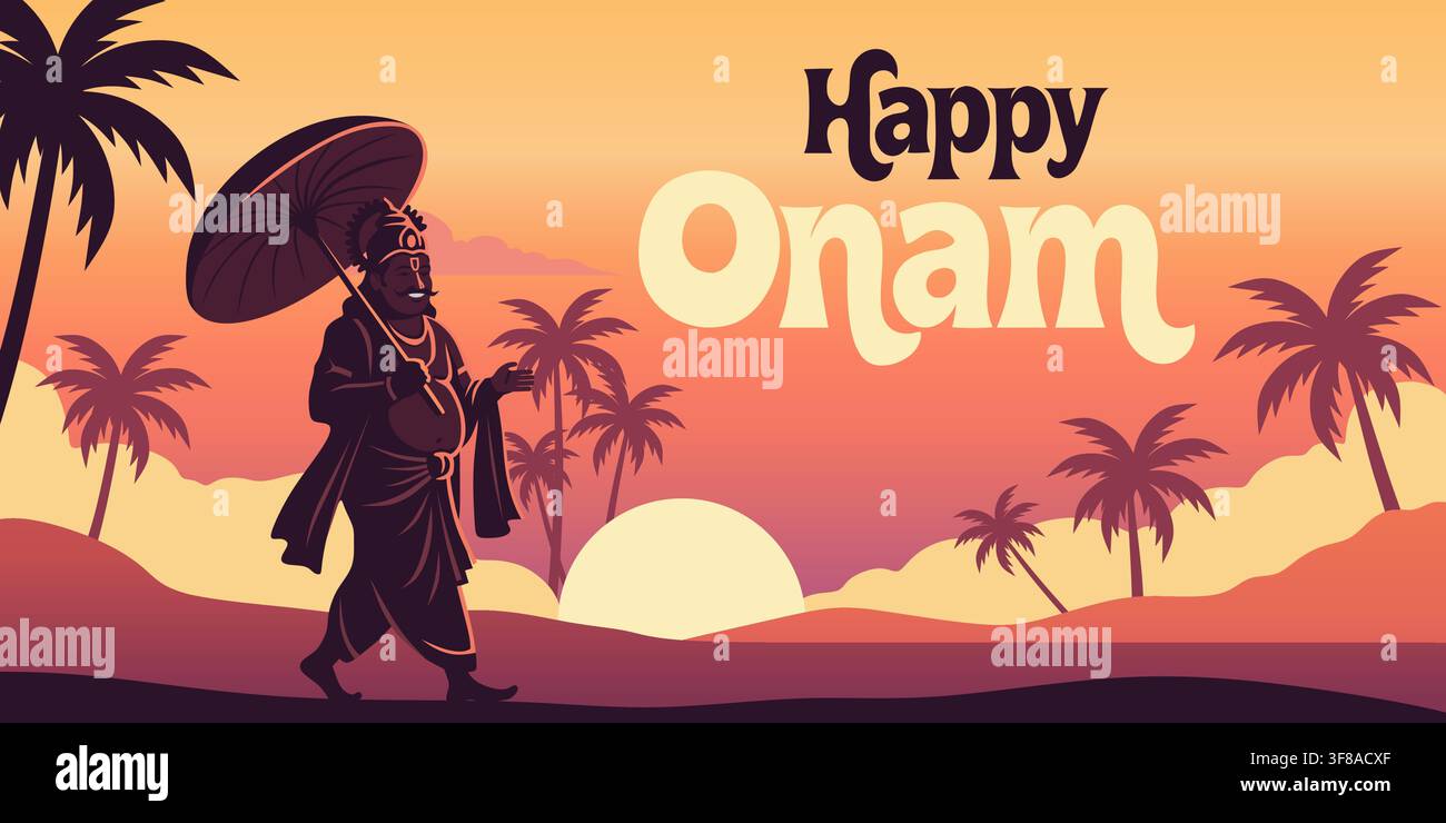 Le roi Mahabali tenant un parapluie devant un fond tropical. Une illustration vectorielle célébrant le festival Onam. Illustration de Vecteur