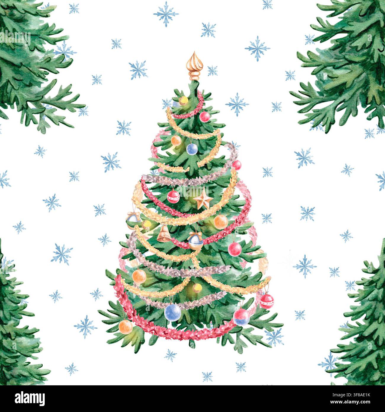 Un motif aquarelle sans couture avec des sapins de Noël décorés et des flocons de neige. Parfait pour les impressions de Noël, les textiles, les emballages cadeaux, les menus de café d'hiver Banque D'Images