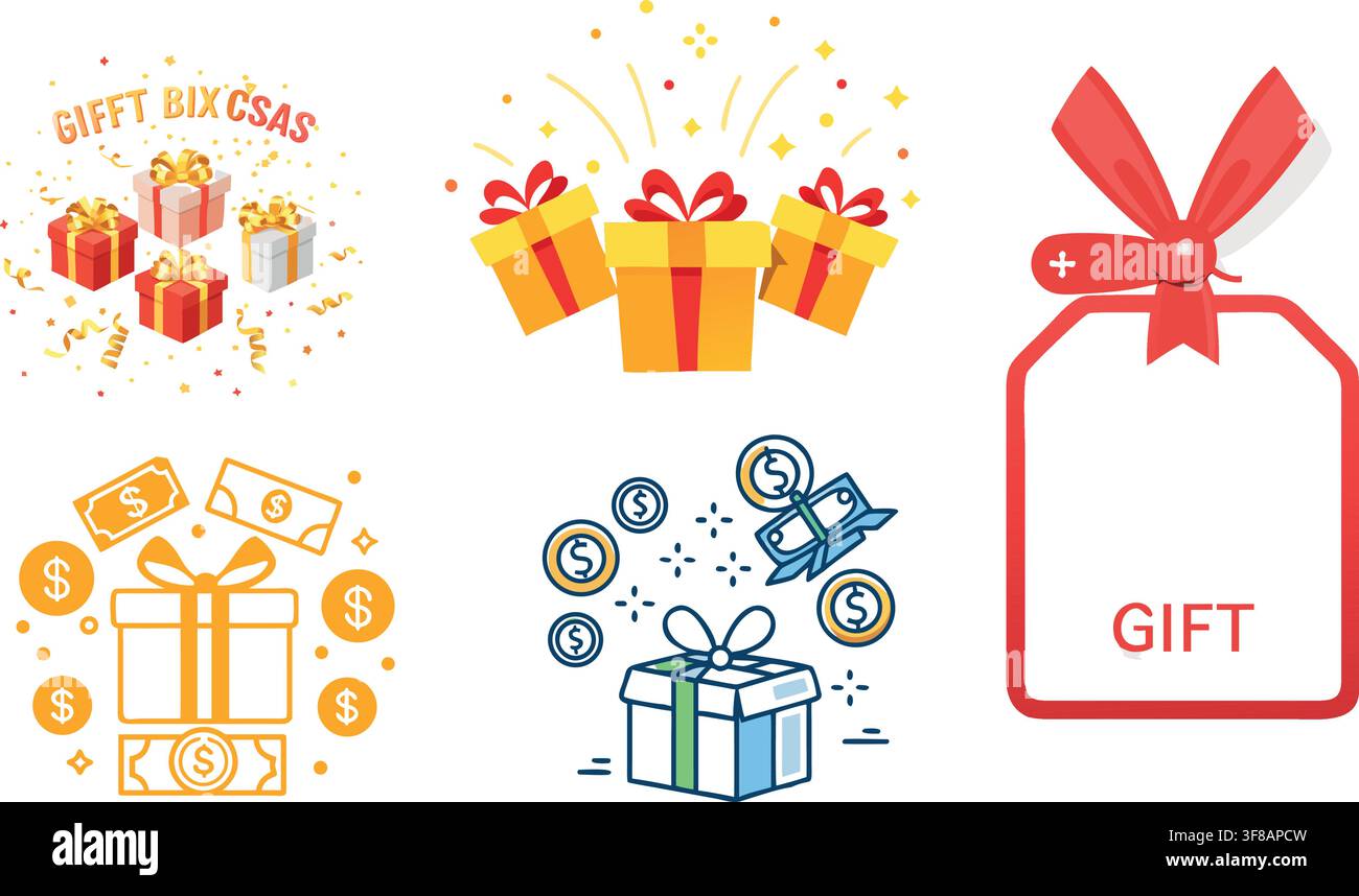 Ensemble d'illustrations de boîte cadeau avec coffre au trésor, pièces de monnaie et icônes vectorielles de confettis Illustration de Vecteur
