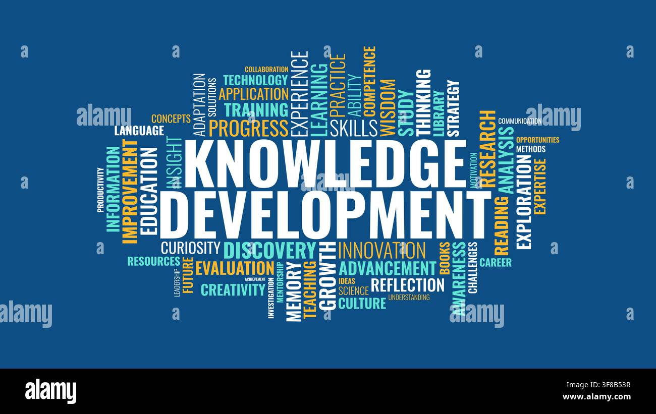 Concept de typographie de développement des connaissances avec nuage de mots liés à l'éducation et à l'apprentissage sur fond bleu Illustration de Vecteur