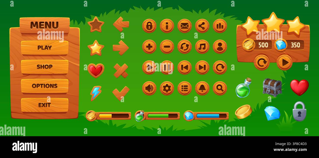 Menu d'interface utilisateur de jeu en bois et panneau de cadre de fenêtre avec barres de chargement et icônes d'outils. Boutons et indicateurs de niveau pour l'interface de jeu vidéo mobile avec tableau de barres de progression et éléments de dessin animé Illustration de Vecteur