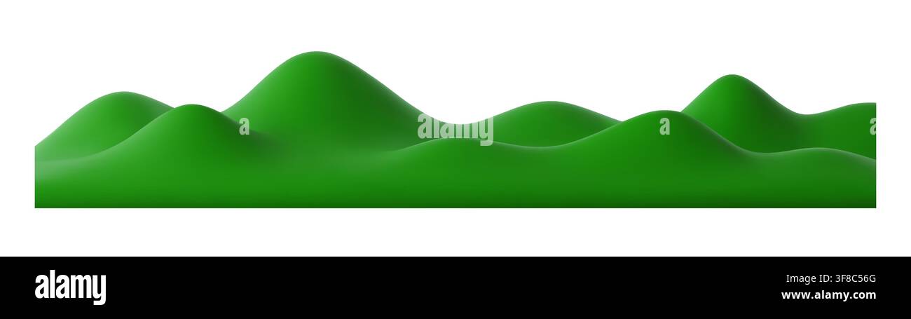 Collines d'herbe vertes en 3D, montagnes et paysage de jardin aux courbes douces et terrain stratifié. Paysage naturel isolé, champ de prairie, montagnes et pentes ondulantes. Fond de campagne d'été ou de printemps Illustration de Vecteur