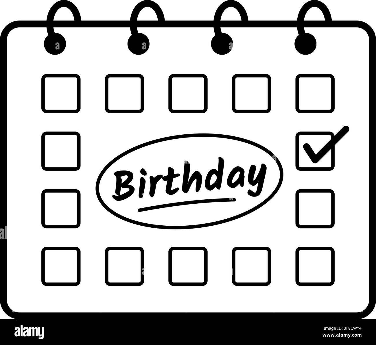 Icône de rappel de calendrier d'anniversaire avec date cochée, texte écrit à la main et marque circulaire, illustration de contour noir pour la planification de célébrations, événement de fête Illustration de Vecteur