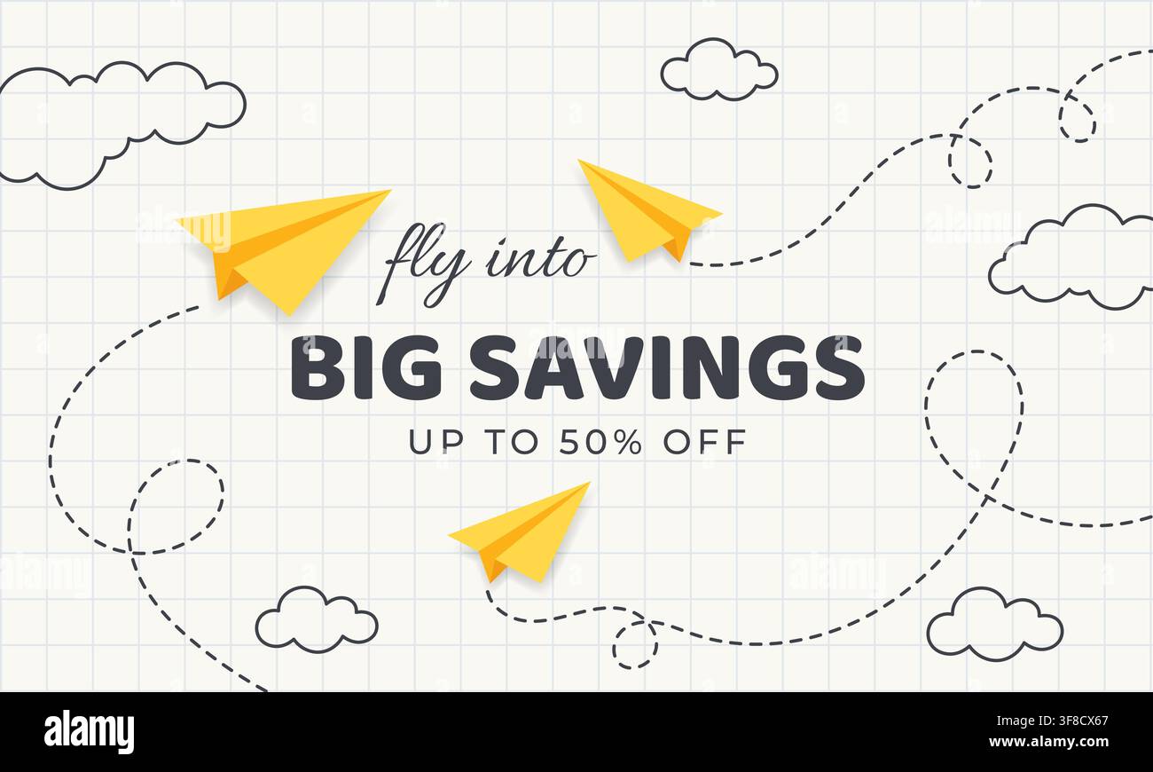 Bannière de soldes. Bannière de soldes « Fly Into Big Savings » avec des avions en papier jaunes, des trajectoires de vol ponctuées, des nuages et une typographie de réduction sur une grille carrée légère Illustration de Vecteur