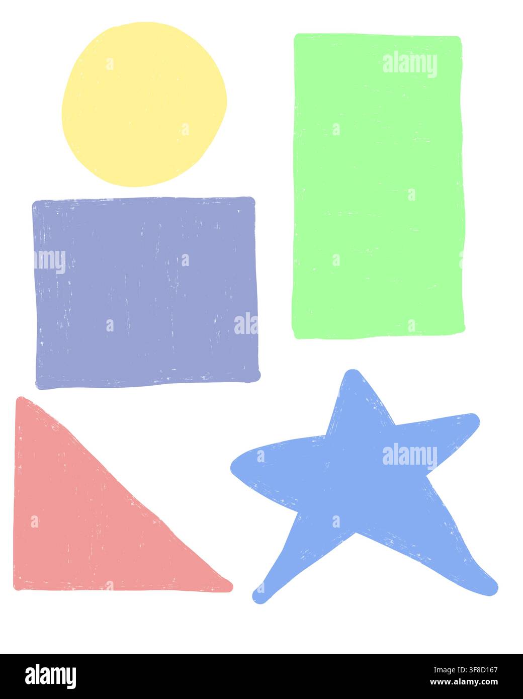 Un ensemble de formes géométriques dessinées à la main comprenant un cercle, un carré, un rectangle, un triangle et une étoile, adapté aux supports et designs éducatifs pour enfants. Banque D'Images