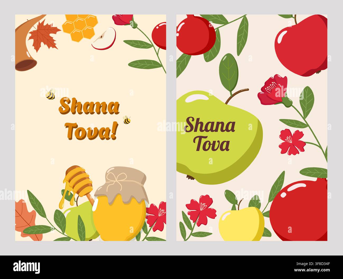 Deux cartes de vœux Rosh Hashanah, l'une avec un pot de miel, une pomme, un shofar, des abeilles et le texte Shana Tova, l'autre avec des pommes Illustration de Vecteur