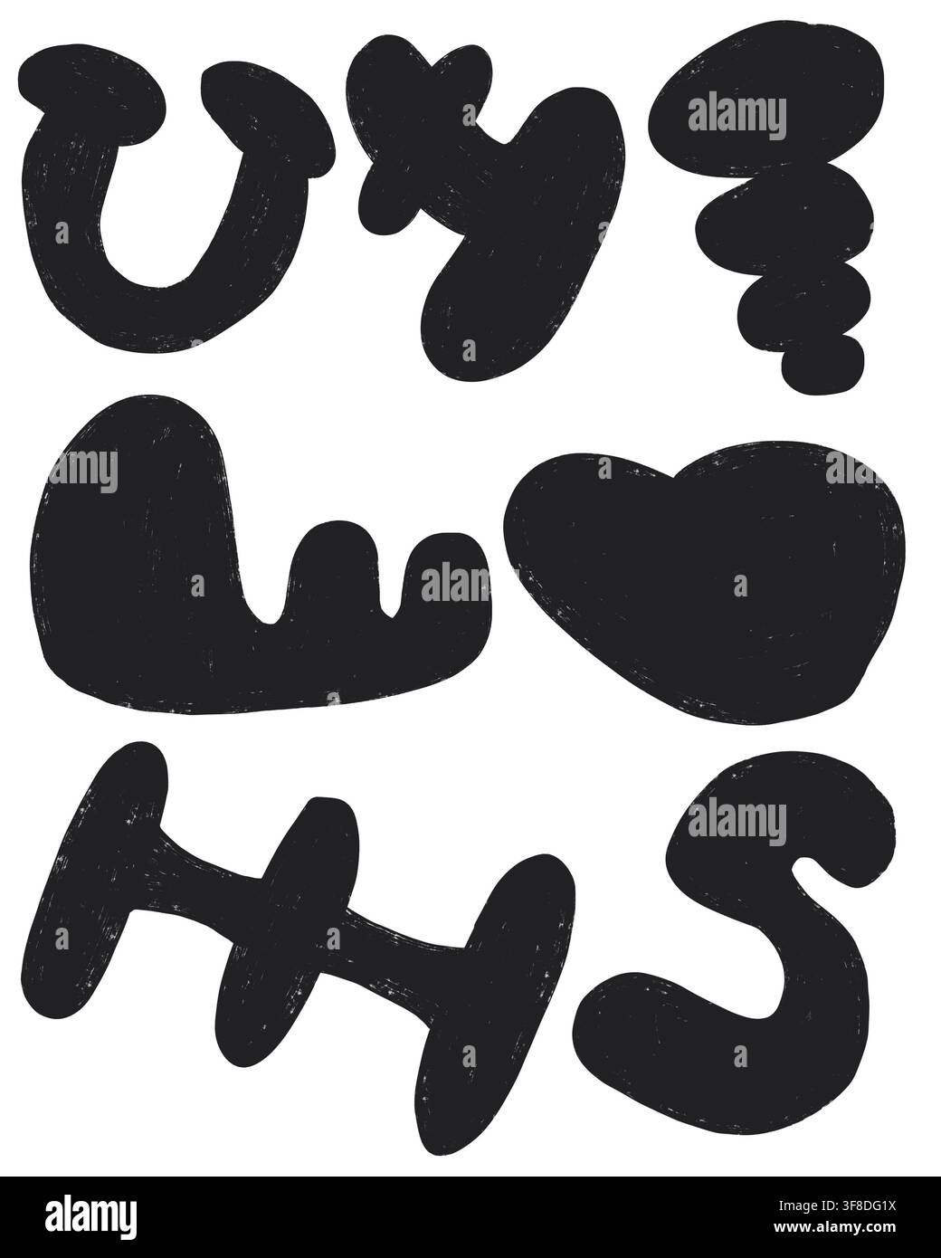 Un ensemble de sept formes de blobs organiques noires dessinées à la main avec une finition crayeuse texturée, bien adaptées pour des arrière-plans minimalistes audacieux, des éléments de marque. Banque D'Images
