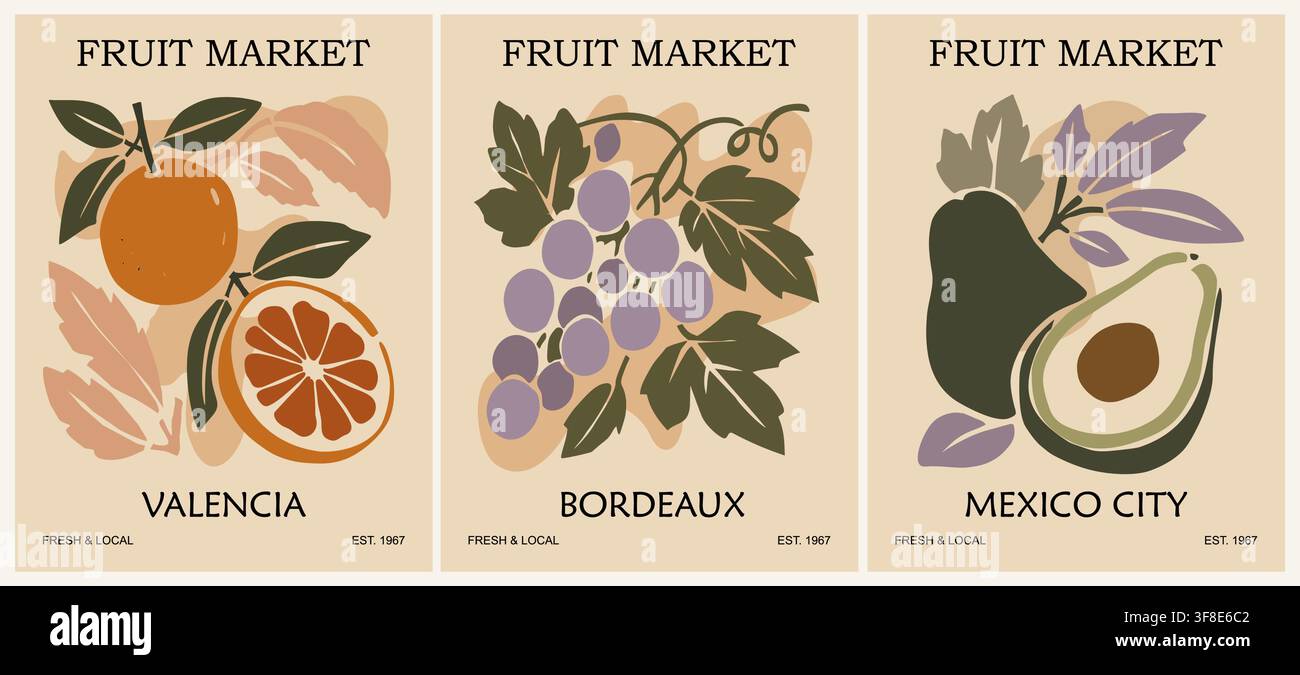 Ensemble d'affiches rétro abstraites de marché aux fruits. Illustration de Vecteur