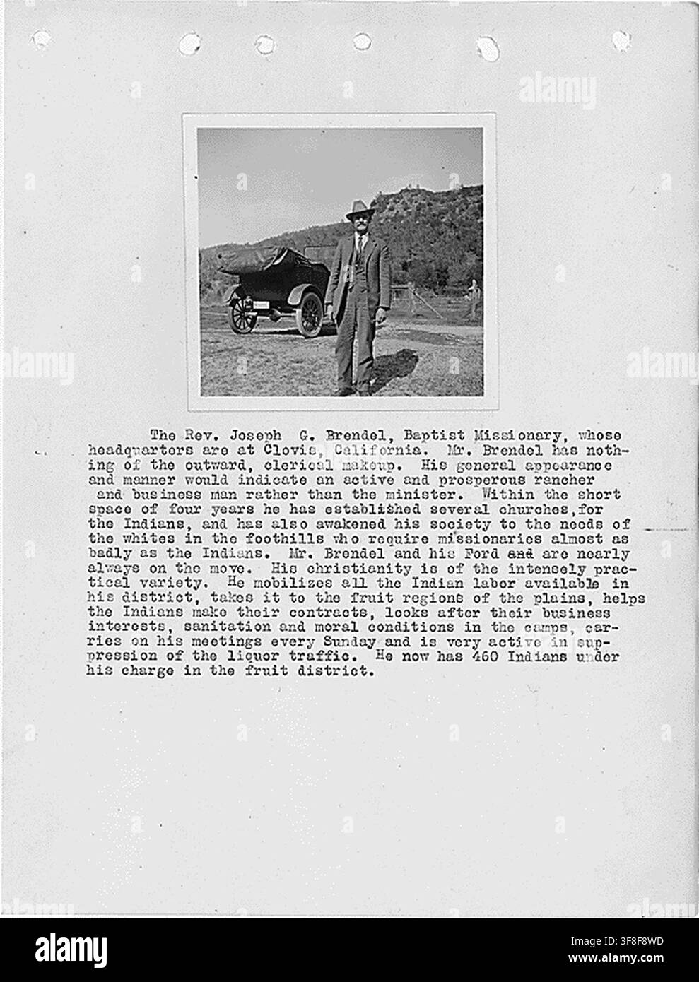 Reverend Joseph G. Brendel, missionnaire baptiste à Clovis, Californie, sur une photographie de 1920 issue d'un rapport d'enquête sur les comtés de Fresno et Madera par L.D. Creel, pour le Bureau of Indian Affairs. Banque D'Images