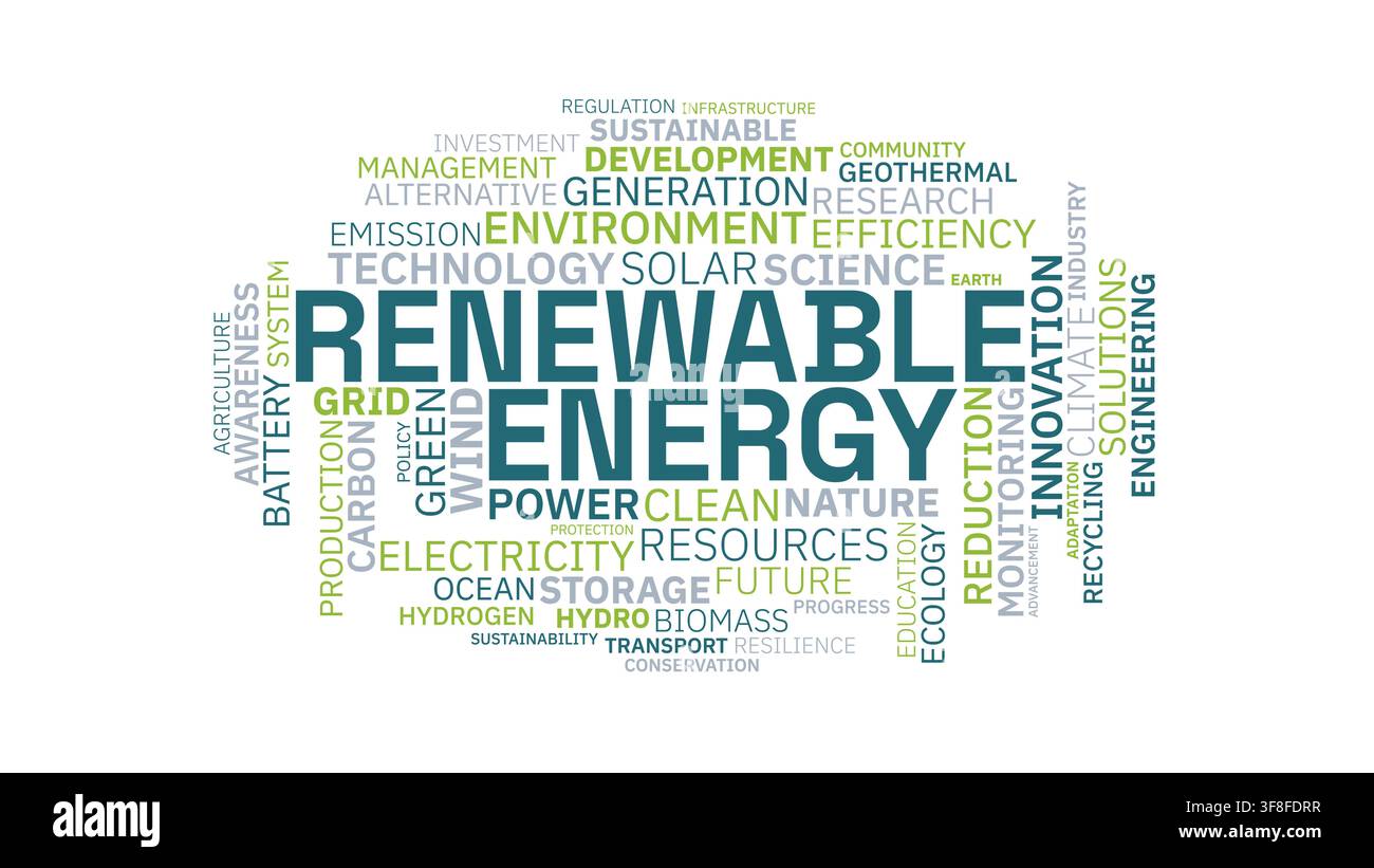 Illustration de nuage de mots sur les énergies renouvelables avec des termes liés à l'environnement et à la technologie durable Illustration de Vecteur