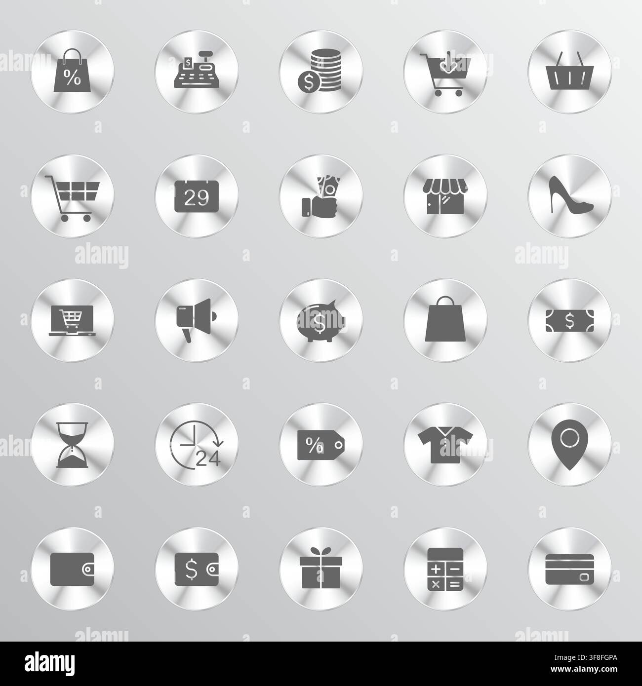 Une grille de vingt-cinq boutons métalliques circulaires comportant divers icônes sur le thème des achats et du commerce présentés sur un fond dégradé gris clair doux Illustration de Vecteur