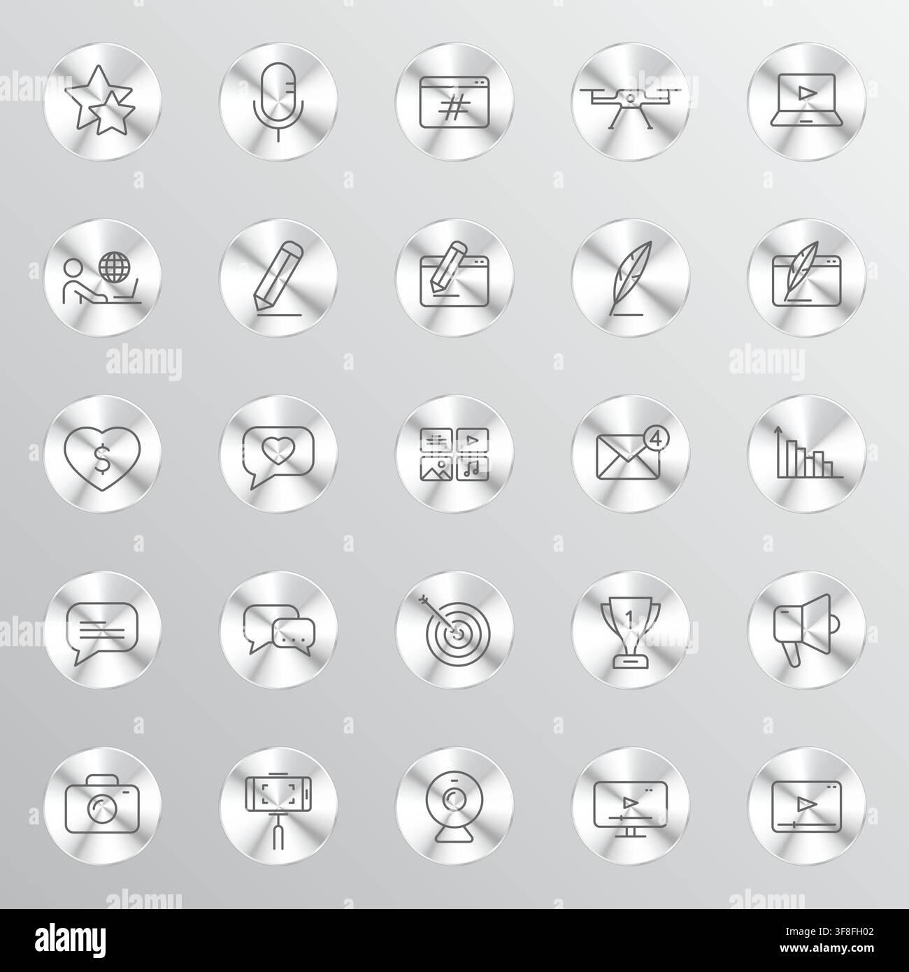 Une grille de vingt-cinq boutons métalliques circulaires, chacun arborant une icône distincte en ligne artistique propre représentant des outils créatifs de communication numérique Illustration de Vecteur