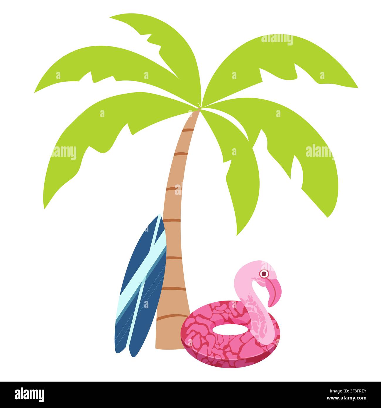 Illustration vectorielle de plage d'été avec palmier, planche de surf bleue et bouée gonflable flamant rose. Icône de vacances tropicales pour carte, web, impression. Illustration de Vecteur